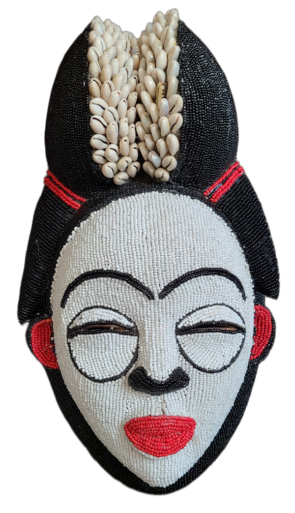Wooden Punu Mask with Beads and Cowrie Shells.