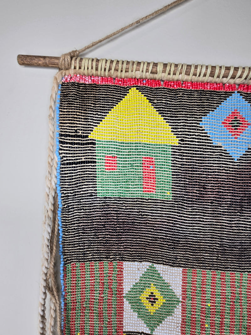 Rare Mounted Kirdi Beaded Tapestry -Village en Joie